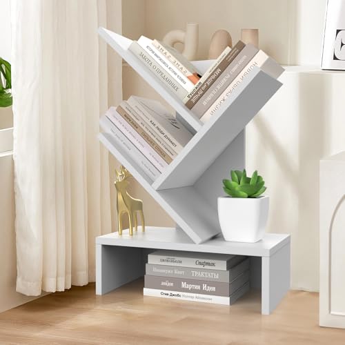 Godferyxin Small Bookcase with Drawer – Compact Book Holder for Small Spaces, White Small Book Shelf for Office, CDs, and Decorative Items, Fits Bedroom Desk Bookshelf Tree - color: 4-tier-white