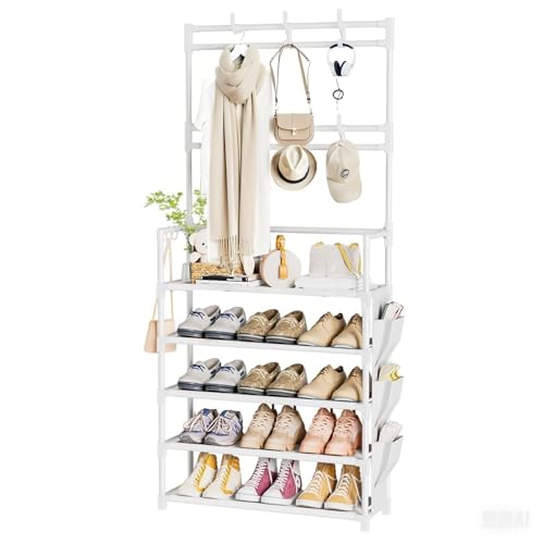 OYREL Shoe Rack 5 Tier Shoe Organizer Storage 15-20 Pairs Shoes Rack for Closet Entrance Shoe Rack Organizer with Hooks and Side Pocket Entryway Shoe Holder Space Saving Free Standing Shoe Racks - color: White, size: 5 Tier (23.6"Wx 61.4"H)