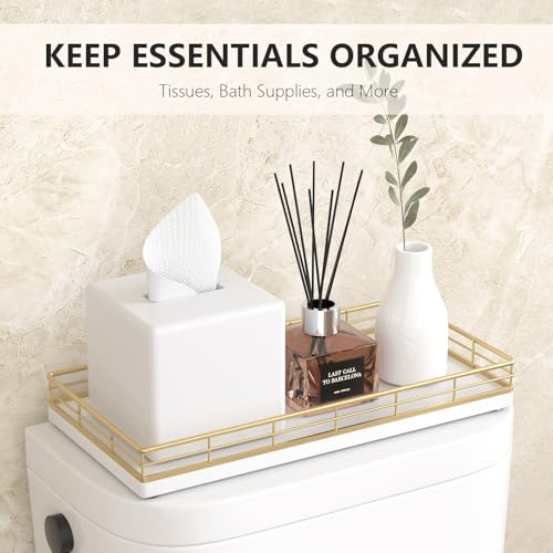 Toilet Paper Basket Organizer – Oak Wood Toilet Tank Tray with Metal Frame, Bathroom Counter Top Storage for Toilet Paper, Wipes & Decor, Modern Narrow Back of Tank Shelf Organizer, Gold & White - color: Gold & White, size: 13" x 6.5" x 2"
