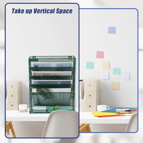 EASEPRES Desk File Organizer Mesh 6-Tier, Hanging Wall Mount Document Organization Stand, Desktop Vertical Mail Paper Folder Holder Rack with Bottom Tray for Office Home Cubicle Countertop, Dark Green - color: Dark Green, size: 6 Tier