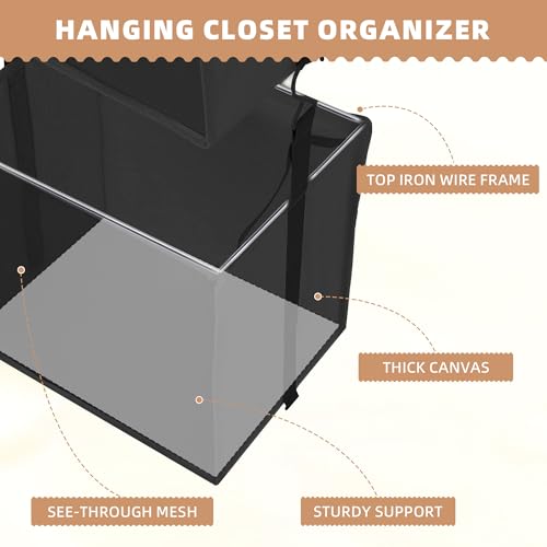 STORAGE MANIAC 2-Shelf Hanging Closet Organizer, Cloth Hanging Closet Shelf, Hanging Closets Baskets with Hooks for Dorm, Apt, Bedroom, College, Garment Rack, Wardrobe, Fabric with Mesh, Black - style: Black