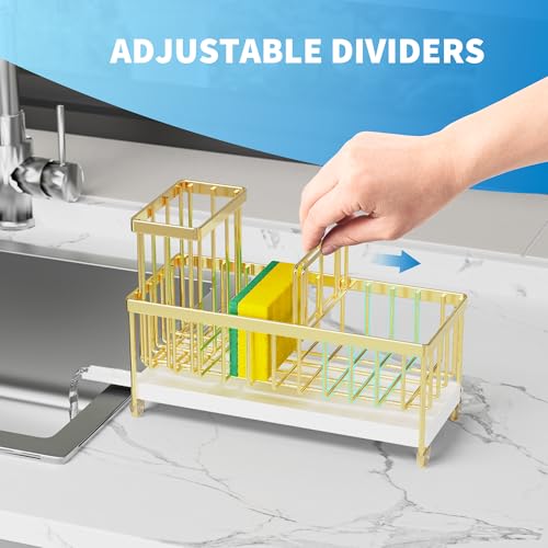Cisily Sponge Holder for Kitchen Sink, Sink Caddy Organizer with High Brush Holder, Kitchen Countertop Organizers and Storage Essentials, Rustproof 304 Stainless Steel (Gold, 9.25″) - color: Gold