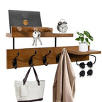 Coat Rack Wall Mount with Shelf, 4 in 1 Wood Coat Hooks with Key and Mail Holder, 17 Inch Entryway Hanging Shelf with Sunglasses Holder and 4 Metal Hooks for Clothes Hats Bag, Brown - color: Brown