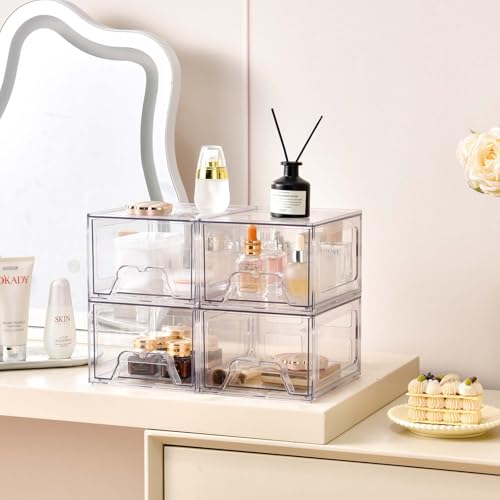 Stebopum 4 Pack Stackable Makeup Organizer, 4.4'' Tall Acrylic Bathroom Makeup Organizer and Storage Drawer with Pull-out Handle, Clear Plastic Storage Bins for Vanity,Pantry,Desk,Undersink,Kitchen - style: 4pack Small