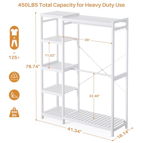 Homykic Bamboo Clothes Rack Garment Rack for Hanging Clothes, Heavy Duty Clothing Rack with 7 Tiers Adjustable Shelves, Double Rods, 4 Hooks, Freestanding Closet System Organizer Wardrobe, White - color: White, size: II Medium