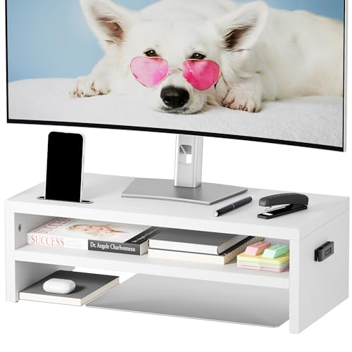 BONTEC Wood Monitor Stand Riser, 2-Tier Desktop Organizer with Storage, Ergonomic Computer Stand for Desk, Cable Management, Cellphone Holder, 21.3 Inch Shelf, White - color: White, size: 21.3inch