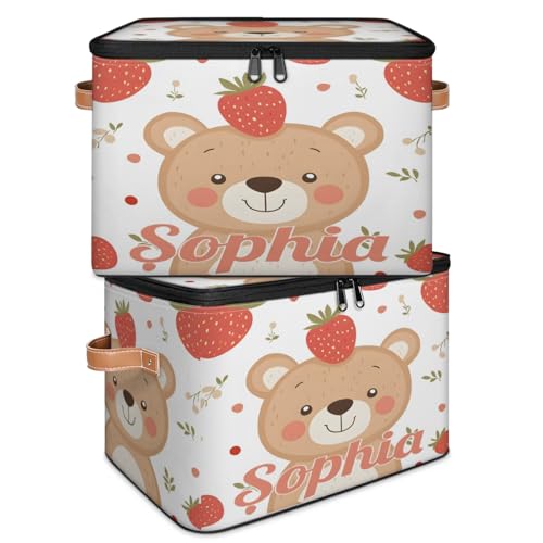 Custom Storage Basket with Name, Personalized Storage Bins with Zipper Lid, Foldable Fabric Storage Box Large capacity with Handle Bear Strawberry - color: Option 15