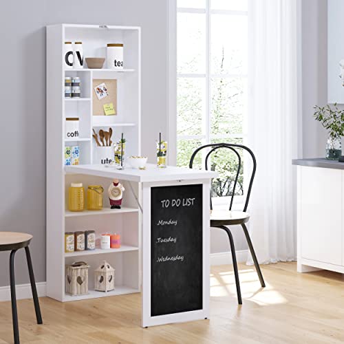 White Foldable Wall Mounted Desk with Storage Shelves, Fold Out Convertible Computer Table with Blackboard, Folding Writing Table Workstation for Small Spaces, Home Office - color: White