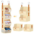 Fabric 4 Tier Hanging Closet Organizer Heavy Duty Beige Shelf Hanging Storage Towel Clothes Sweater Jeans Bag Organizer For Closet For Bedroom, Dorm, RV, See Through Front Panel, Space-Saving