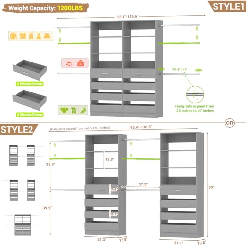 Aheaplus Closet System, 6-15Ft Closet Organizer with 8 Wooden Drawers, Wood Closet Organizer System with Tower, Walk-in Closet Organizer Wardrobe Garment Clothes Rack with 4 Hanging Rods, Grey - color: Grey