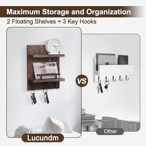 Key Holder Wall Mount, Mail Shelf Decor with 3 Key Hooks, Versatile Wood Wall Organizer for Entryway Hallway (8.2” x 10.6”x 3.6”) (Brown) - color: Brown