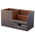 KINGFOM Desk Organizer Office Supplies Caddy Pu Leather Multi-function Storage Box Pen/Pencil,Cell phone, Business Name Cards Remote Control Holder with Small Drawer Brown - color: Brown
