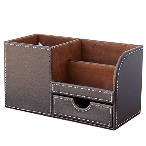 KINGFOM Desk Organizer Office Supplies Caddy Pu Leather Multi-function Storage Box Pen/Pencil,Cell phone, Business Name Cards Remote Control Holder with Small Drawer Brown - color: Brown