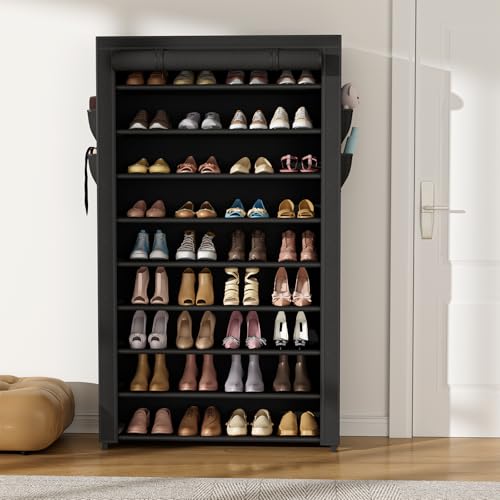 VILICK Shoe Rack with Cover Narrow Shoe Organizer with Pockets 10 Tier Tall Shoe Storage Holds 36-41 Pairs Shoes and Boots Shoe Rack for Closet Entryway Garage, Black - color: Black, size: 10 Tiers-34.6" Wide