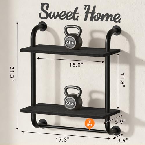 Tinpin Bathroom Shelves Wall Mounted, Rustic Farmhouse Pipe Shelves, Wall Shelves 2-Tier, Industrial Pipe Shelving, Floating Shelf Decor for Bathroom, Bedroom, Living Room Thanksgiving 17.3in Black - color: Black, size: 2 tier