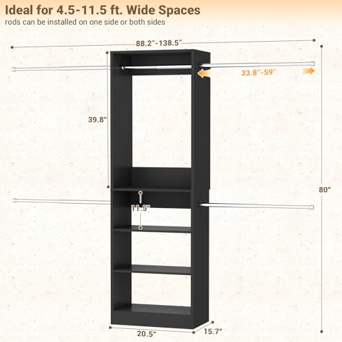 Homieasy Closet System, 4.5-11.5 Ft Expandable Closet Organizer with 5 Hanging Rods, Walk-in Wood Closet Organizer System with Storage Tower, Heavy Duty Garment Rack Wardrobe for Bedroom, Black - color: Black