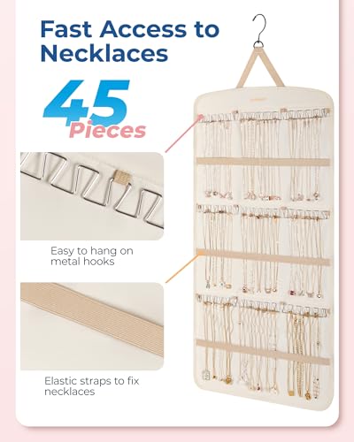 BAGSMART Hanging Jewelry Organizer, Necklace Holder Anti-tangle Earrings Rings Hanger with Pockets Hang on Closet, Wall, Door,1 Piece, Extra Large Beige - color: Beige, size: X-Large - Standard