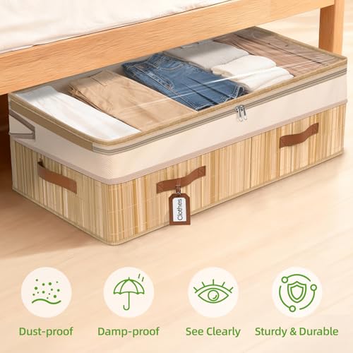Livole Bamboo Under Bed Storage, 6-10 inches Height Adjustable Underbed Storage Containers, 92L XXXL Large Under Bed Storage Bins with Clear Lid & Label for Clothes, Blankets, Sweater, Shoes, 1 Pack - size: Expandable - 10"H