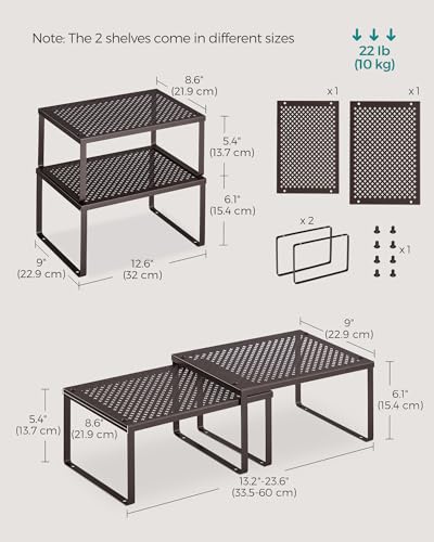 SONGMICS Spice Racks, Set of 4 Metal Cabinet Shelf Organizers, Countertop Organizers, Shelf Risers, Stackable, Expandable, Brown UKCS06BR - color: Brown