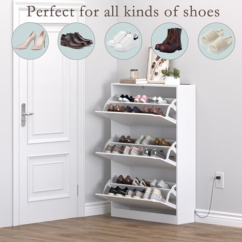 BORNOON Shoe Cabinet with Odor Control and Back Panels, Deodorizing Slim 3-Flip Shoe Storage Cabinet for Entryway, Freestanding Hidden Shoe Rack Organizer for Entrance, Hallway, Bedroom - color: White, size: Deodorizing 3-Flip