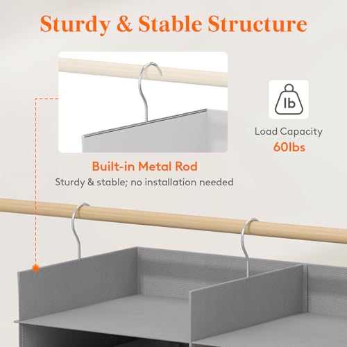 Lifewit Dual-Row Shelf Hanging Closet Organizer and Storage, Clothes Shelves with 3 Sturdy Hooks for Clothing Organization, Foldable Container Hold Up to 36 Sweaters, 6 Tier 12 Sections, Light Gray - color: Light Gray, size: 6-Tier