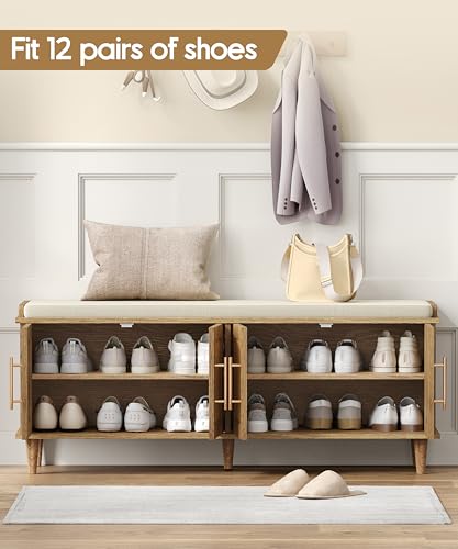 Akxomel Rattan Shoe Storage Bench with Cushion, 2-Tier Entryway Bench with Adjustable Shelves and 4 Doors, 15" D x 47.2" W x 20" H, Solid Wood Legs, for Hallway, Living Room, Bedroom, Natural Oak - size: 15"D x 47.2"W x 20"H