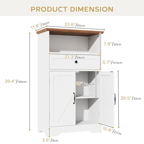 Floor Cabinet, Farmhouse Storage Cabinet with Barn Doors and Drawer, Freestanding Adjustable Shelf Organizer for Bathroom, Kitchen, Living Room White - color: White, size: 39.4"H x 23.6"W x 11.8"D
