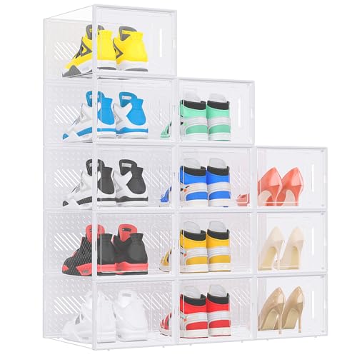 eWonLife Large Shoe Organizer Storage Box with Magnetic Door,12 Pack Clear Plastic Stackable Sneaker Containers for Closet, Connect Left and Right Shoe Box for Entryway, Drop Front, Under Bed (White) - color: White