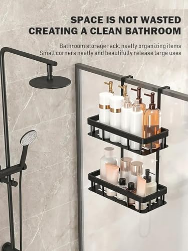 Over Door Shower Caddy, Black Rustproof Bathroom Organizer, 2-Tier Storage Rack, 11.81x5.31 Inch Shelves, No Drilling Required