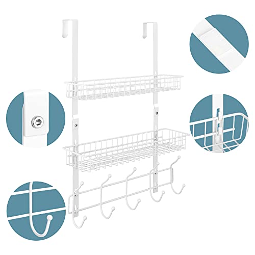 Over The Door Hanger Organizer with 2 Mesh Baskets & 5 Towel Hooks, Detachable Behind The Door Storage Towel Rack for Coats, Hats, Handbags, Easy Install Metal Hanging Hook Coat Rack Shelf, White - color: White