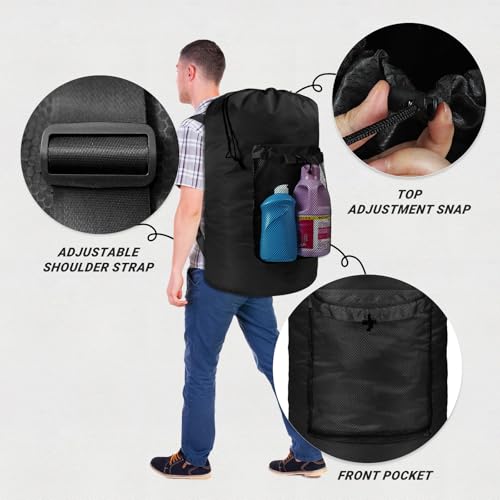 Laundry Bag with Shoulder Straps and Mesh Pocket Laundry Backpack Large Portable Laundry Hamper for College Travel, Laundromat, Apartment (Black) - color: Black