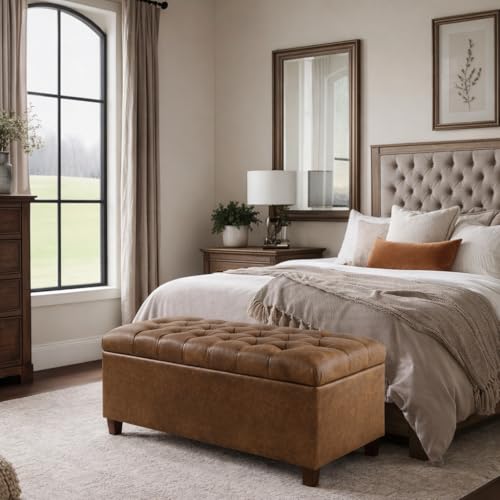 Homepop Home Decor | Button Tufted Storage Bench | Ottoman Bench with Storage for Living Room & Bedroom, Distressed Brown Faux Leather - color: Distressed Brown Faux Leather