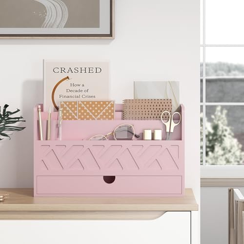 Wisuce Bamboo Mail Organizer Countertop Desktop with Drawer - All-in-One Desk File Organizer with Pencil Holder (Pink) - color: Pink