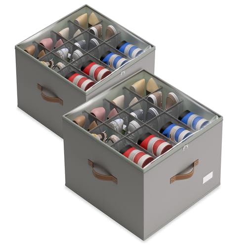 Vincona Shoe Organizer for Closet,2 Pack Shoe Storage Bins Foldable Shoe Storage Box Containers with Clear Cover and Sturdy Handles,Shoe Rack for Closet Storage for Sneakers Heels Slippers (Grey) - color: Grey, size: Large