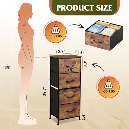 WLIVE Dresser with 4 Drawers, Fabric Storage Tower, Organizer Unit for Bedroom, Hallway, Entryway, Closets, Sturdy Steel Frame, Wood Top, Easy Pull Handle, Rustic Brown Wood Grain Print - color: Rustic Brown Wood Grain Print