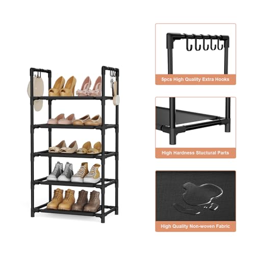 LANTEFUL 5 Tiers Shoe Rack 12-15 Pairs Boots Organizer Storage Sturdy Narrow Shoe Shelf for Entryway, Closets with Hooks, Black - color: Black, size: 5 Tier-34" High-17" Wide