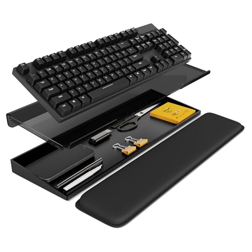 Laborio Computer Keyboard Stand with Storage Box, Keyboard Riser Wrist Rest for Desktop, Office Desk Organizer Accessories(Clear Black) - color: Black
