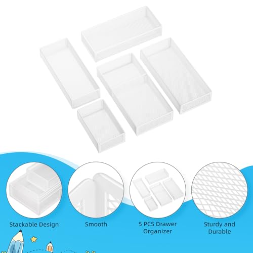 Marbrasse 5 Pack Desk Drawer Organizer Set, Mesh Drawer Storage Trays with 1 Adjustable Divider, Desk Organizers and Accessories, 5 PCS Drawer for Office Supplies, Makeup & Vanity (White) - color: White