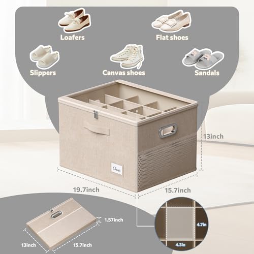 Shoe Organizer for Closet, Large Shoe Box Storage Containers with Clear Window, Space Saving Shoe Bin with Foldable Bottom Support Adjustable Dividers - Fits 16 Pairs (Beige, (19.7*15.7*13)x1) - color: Beige, size: (19.7*15.7*13)x1