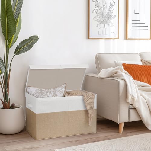 INDRESSME Large Toy Box with Lid, Collapsible Toy Storage Organizer Chest with Divider, Foldable Toy Bin for Kids Boys Girls Playroom Nursery Bedroom Living Room 25"x16"x13" (Beige & White) - color: Beige & White, size: 25"x13"x16"