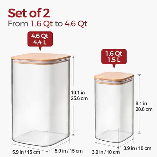 Glass Flour Sugar Storage Containers with Bamboo Lids & Measuring Scoop (1.6Qt/4.6Qt) - Wide Mouth Pantry Storage Containers for Kitchen Counter, Pantry Organization & Baking Essentials 2 pack - size: 2 pack（1.6/4.6 qt）