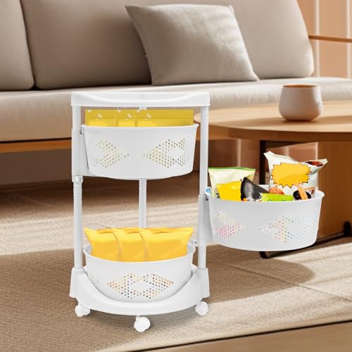 Multi-Layer Kitchen Storage Basket 3Tier Rotating Vegetable Organizer Cart with Casters Detachable Rolling Living Room Standing Rack with Shelve for Lliving rooms, Kitchens,Bathrooms,14.3*23.6in White - size: 3Tier-White
