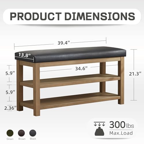 Zihanhome Shoe Rack Bench with Leather Cushion, 2 Tier Solid Wood Storage Bench, Mid-Century Modern Shoe Bench for Entryway, Hallway, Closet, Front Door Entrance, Foyer (Black, 39.4") - color: Black, size: 39.4"