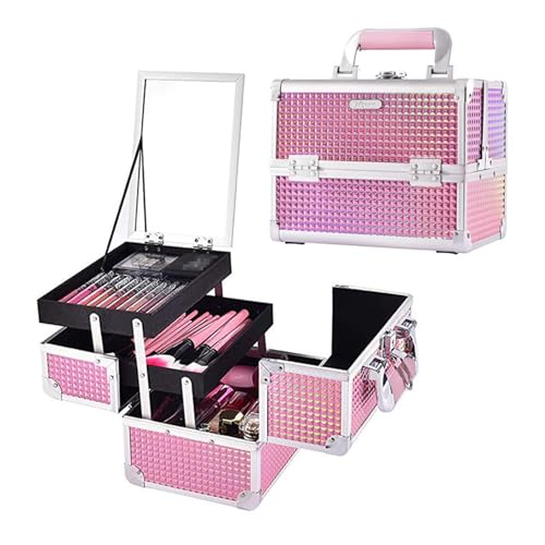 Joligrace Makeup Train Case Makeup Case Organizer Portable Cosmetic Box Storage with 2 Trays Mirror Locking Make Up Travel Case for Nail Kits Cosmetics Craft Traveling Makeup Box Mermaid Pink - color: Beauty Pink