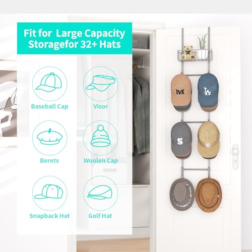 HapiRm Over Door Hat Rack - 2 Packs Wall Mounted Hat Holder with 6 Hooks and Metal Basket Design, Baseball Cap Organizer Storage Up to 32 Caps for Door, Bedroom, Closet (Grey) - color: Grey, size: 1 Pack