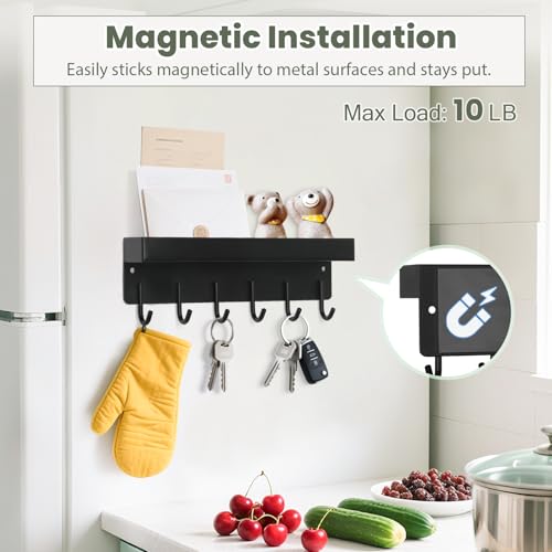 Magnetic Key Holder Wall Mount, Small Metal Key Rack with Tray, 9.6 Inch, 6 Hooks, 2 Installation Options, Black - color: Black
