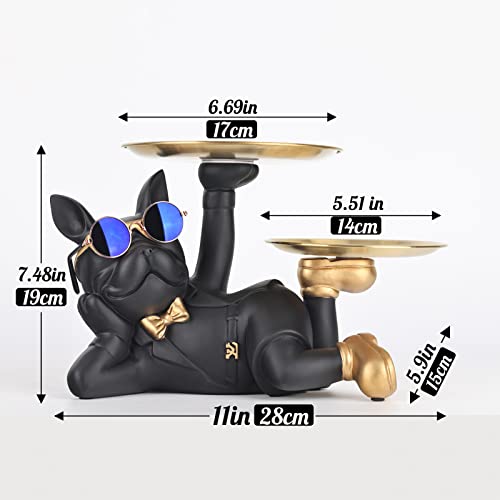 Bulldog Tray Statue - Bulldog Butler with Storage Tray for Entryway Key Holder, Ring Holder, Living Room Coffee Table Candy Dish, Modern Home Office Desktop Decor (Black)