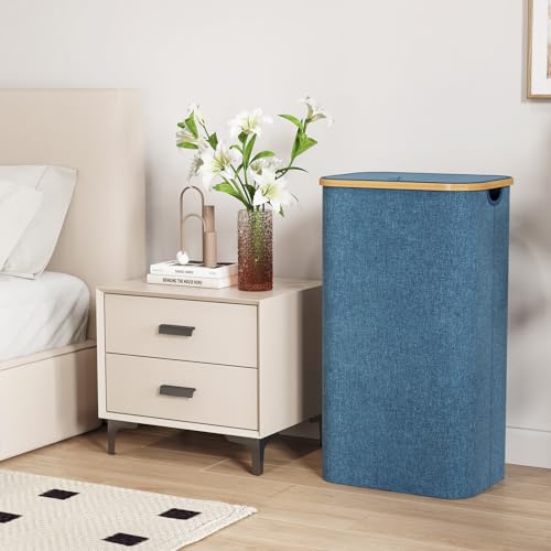 Lifewit 100L Laundry Basket with Lid, Clothes Hampers for Laundry with Bamboo Handles and 1 Removable Bag, Large Foldable Laundry Hamper for Bedroom, Bathroom, Dorm, Laundry Room, Dark Blue - color: Dark Blue, size: 100L