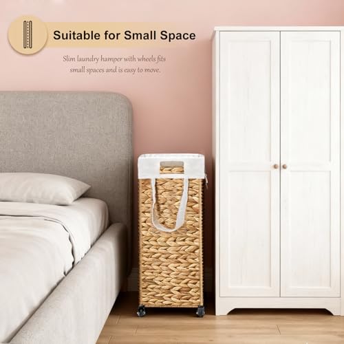 Rolling Laundry Hamper with Wheels, Slim Laundry Basket with Removable Liner Bag & 2 Mesh Bags, Handwoven Water Hyacinth Clothes Hamper for Bedroom Bathroom (Natural, 65L) - color: Natural/No Lid/65L