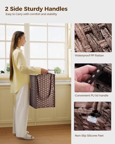Greenstell Laundry Hamper with Wheels, No Install Needed, 110L Divided Handwoven Hampers & 2 Removable Liner Bags, Rattan Clothes Laundry Basket with Lid & Handles, Foldable Hampers Brown 22x13x26.4In - color: Brown, size: 110L: 22.0x13.5x26.4 Inches